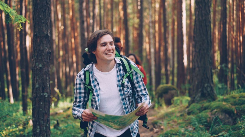 A group of hikers navigating through a vibrant green forest with a map in hand.