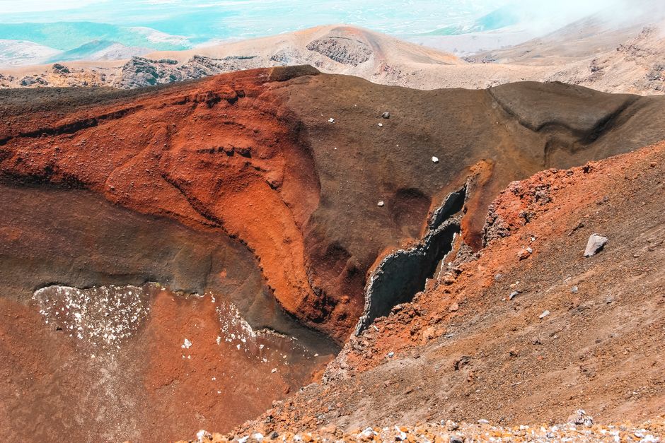 Stunning aerial view of a colorful volcanic crater in Tongariro National Park, New Zealand.